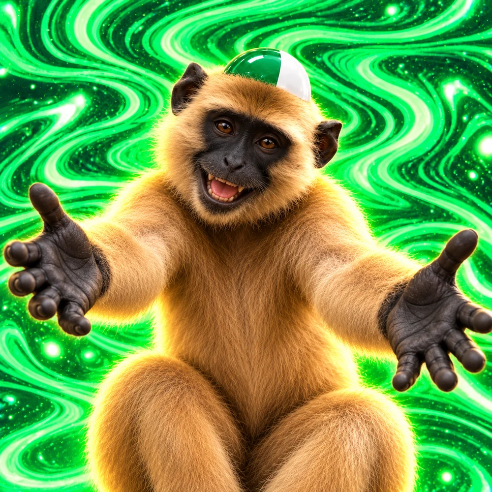 A smiling monkey with a green and white capsule on its head, arms open wide for a hug